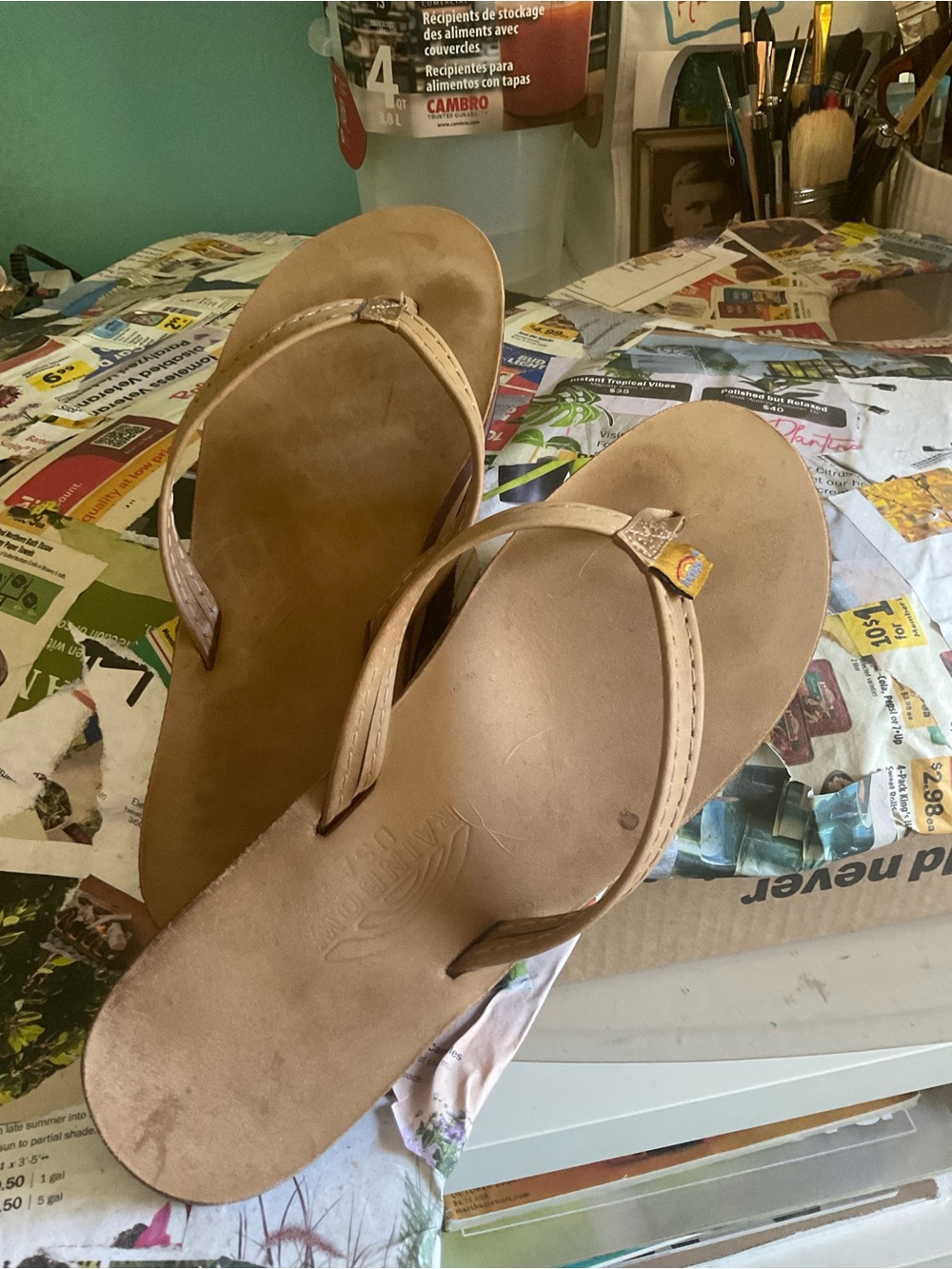 Rainbow Tan Leather Flip Flop Sandals